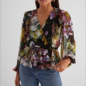 Express Floral Ruffle Peplum Blouse Size M Black